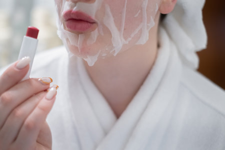 close-up of a woman holds a moisturizing lip mask, applies a cosmetic product on dry lips. Smiling...