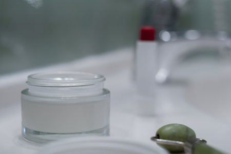 Face cream, face roller and lipstick near the sink on the counter in the bathroom, space for textの写真素材