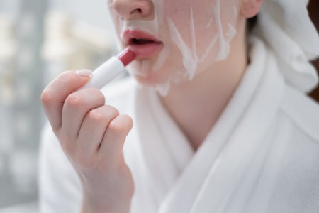 close-up of a woman holds a moisturizing lip mask, applies a cosmetic product on dry lips. Smiling women doing daily facials or healthy skin care, using scrub or balm. body care concept.の写真素材
