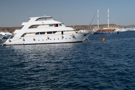 Beautiful white private motor yacht for a boat trip on the Red Sea, Panoramic view of the Red Sea,...