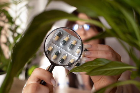 scientist with a magnifying glass checks defective medical pills, concept - pharmaceutical testing, magnifying glass, anti-doping control, drug production quality assuranceの写真素材