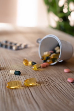 Flat lay composition with a bunch of different colorful pills scattered on the table from a plastic bottle. Heap of opened medicines on wooden table textured backgroundの写真素材