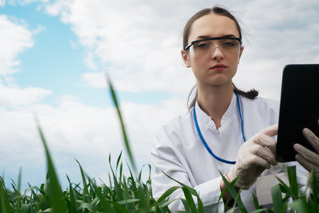 a female agronomist in a white coat checks the growth of plants in the field. A biologist in the field checks the readings of wheat, a farmer takes notes on a tablet, agribusiness conceptの写真素材