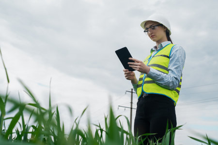electrical engineer woman high voltage power industry, electrician worker working, energy concept, high voltage electrical tower, power line, working tabletの写真素材
