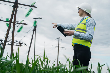 electrical engineer woman high voltage power industry, electrician worker working, energy concept, high voltage electrical tower, power line, working tabletの写真素材