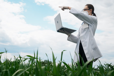 Agronomist using tablet and technology in agricultural corn field. The farmer walks through the field with a tablet. Biologist woman with laptopの写真素材
