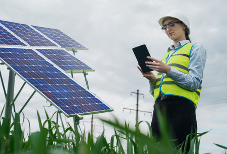 Portrait of a technical engineer with a tablet in his hands, standing in front of an unfinished tall outdoor solar panel of a photovoltaic systemの写真素材