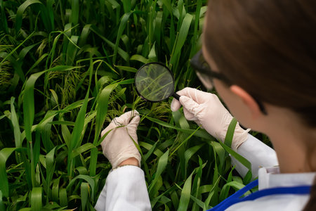 Biologist woman wearing glasses and studying botanical plants in nature with a magnifying glass. Botanist woman checking wheat growth characteristicsの写真素材