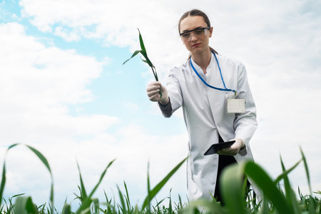 Exploring a reclaimed field, agriculture business concept, Lifestyle farmer inspecting wheat harvest, biologist in a field with wheatの写真素材