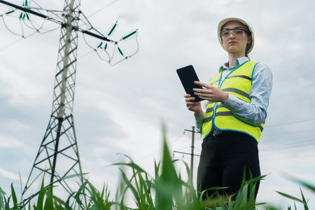 electrical engineer woman high voltage power industry, electrician worker working, energy concept, high voltage electrical tower, power line, working tabletの写真素材