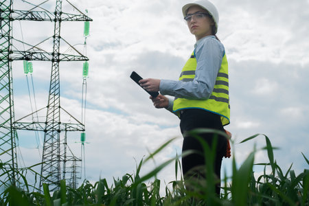 electrical engineer woman high voltage power industry, electrician worker working, energy concept, high voltage electrical tower, power line, working tabletの写真素材