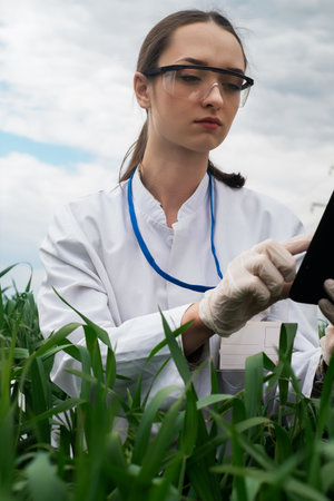 a female agronomist in a white coat checks the growth of plants in the field. A biologist in the...