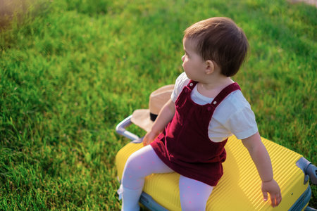 The child sits on a suitcase and, closing his eyes, dreams of travel, adventure, vacation. Little girl on the background of green grassの写真素材
