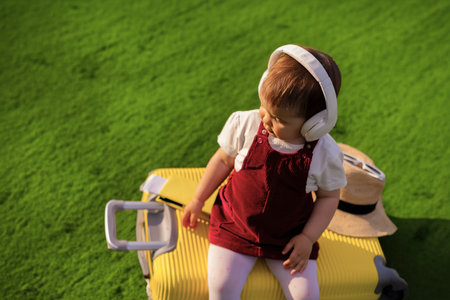 The child sits on a suitcase and, closing his eyes, dreams of travel, adventure, vacation. Little...