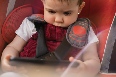 the child is sitting in a car seat, holding a mobile phone in his hands, watching cartoons on the...