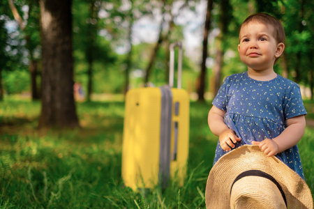 A little happy girl in a blue summer dress stands next to a suitcase and green plants and laughs. Summer vacation, tourism, vacation trip, summer vacation, sea tripの写真素材