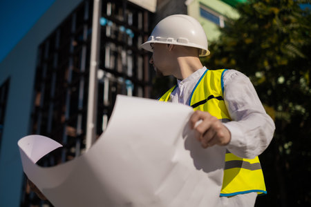 professional male engineer in special uniform and helmet holding architect blueprints and looking away at construction siteの写真素材