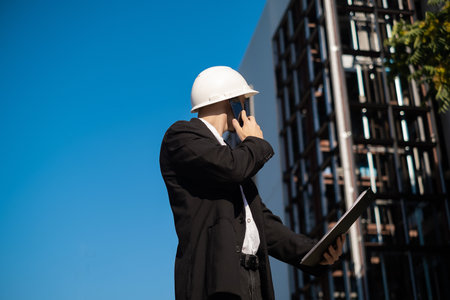 Caucasian male worker at a construction site talking on the phone, Architectural engineering holding a laptop at a construction site, checking plans. Successful engineer or architect, cheerful businessman.の写真素材