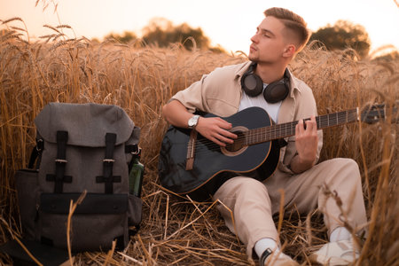 Happy man sits on the grass and plays the guitar, a male traveler at a rest stop plays the guitar, traveling through citiesの写真素材