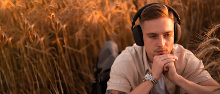 Relaxed man breathes fresh air and meditates while listening to audio guide on headphones in nature, Handsome young man listens to music on headphones, relaxes on the grassの写真素材