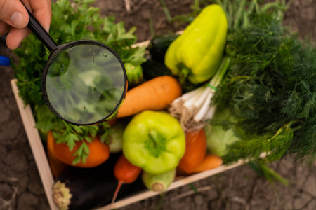 farmer holding a crate of bio vegetables in the farm. Happy man showing box of harvested vegetables