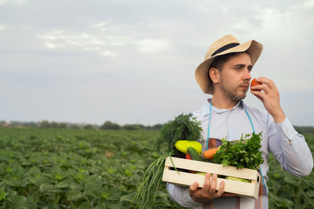 Portrait of a happy young farmer holding fresh vegetables in a basket. On a background of nature The concept of biological, bio products, bio ecology, grown by own hands, vegetarians, healthy saladsの写真素材