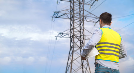 A male power engineer in a white helmet checks a power line using data from electrical sensors on a tablet. High voltage electrical lines at sunset. Distribution and supply of electricity. clean energyの写真素材