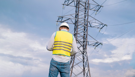 Caucasian male engineer in a helmet and safety glasses uses a smartphone for field work near a...