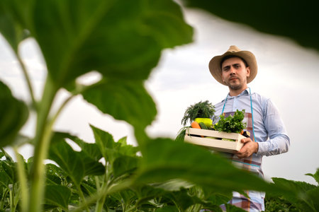 A male organic farmer stands in a vegetable field, holding a wooden box with beautiful freshly...