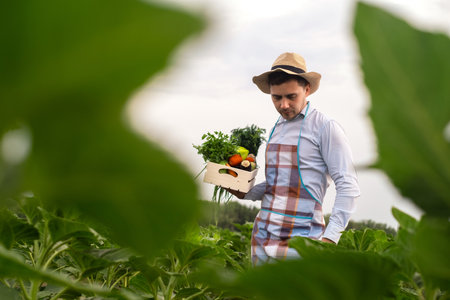 A male organic farmer stands in a vegetable field, holding a wooden box with beautiful freshly picked vegetables, organic vegetables and healthy lifestyle concept.の写真素材