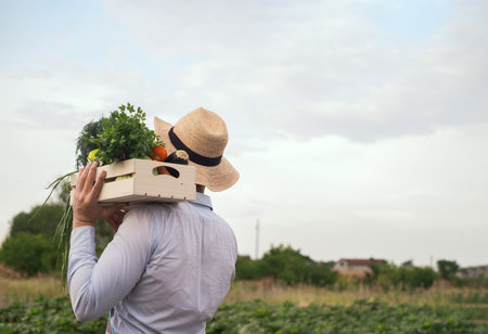 Portrait of a happy young farmer holding fresh vegetables in a basket. On a background of nature The concept of biological, bio products, bio ecology, grown by own hands, vegetarians, healthy saladsの写真素材