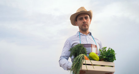 male farmer holding a wooden box with fresh raw vegetables. Basket with vegetables (cabbage, carrots, cucumbers, radishes, corn, garlic and peppers) in hands.の写真素材