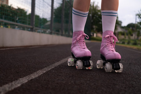 Close-up of an unknown man roller skating in the park on a sunny day, being on the road, spending...