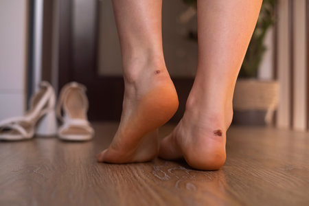 Close-up of female feet with calluses, uncomfortable shoes and orthopedic insoles.の写真素材