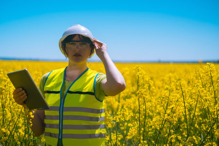Agricultural engineer at a field inspection, a farmer stands in a wheat field with a folder in his...
