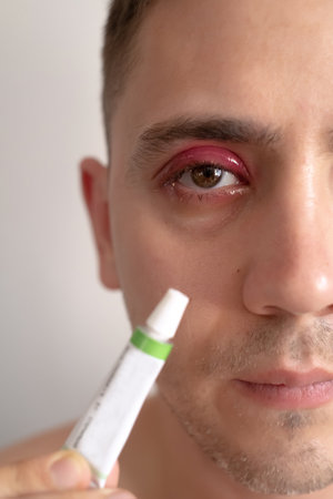 A close-up of a swollen and reddened eye of a man, highlighting the importance of seeking consultation and treatment for eye infections. Emphasize the importance of consulting a specialist at the first signs of infection.の写真素材