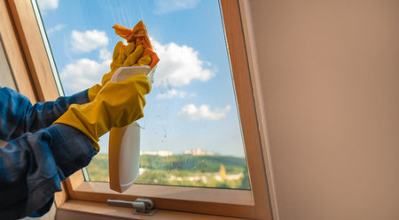 Woman manually cleaning window in house with rag with spray cleaner and mop inside interior....