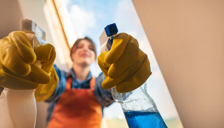 Homework for the weekend. Young pretty woman washing window in cozy living room at home. Cleaning products for home cleaningの写真素材