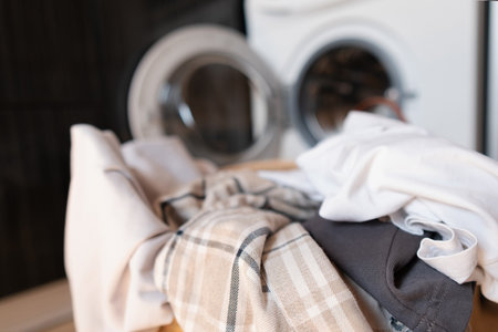 A basket of laundry with dirty clothes lies near a washing machine, focus on detergents and gels for removing tough stains.の写真素材