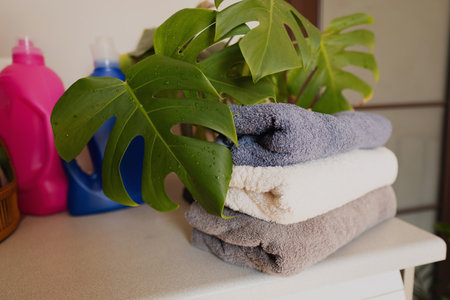 Clean towels neatly folded on the washing machine, with stain removers in the background for effective spot treatment.の写真素材