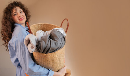 A woman holds a pile of dirty clothes prepared for dry cleaning, highlighting dry cleaning services for delicate fabrics.の写真素材