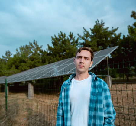 Solar energy engineer calculating efficiency and optimizing solar panel performance for maximum energy output.の写真素材