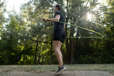 Jumping rope in the park is not only fun but also healthy. A man maintains his well-being with this...