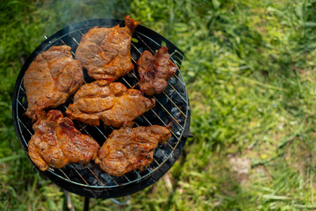 Meat grilling on charcoal peaceful scene enjoying nature outdoors cooking barbecue and relaxation.の写真素材
