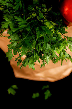 Paper grocery bag with fresh vegetables. Leek, red bell pepper, parsley lie in a paper bag on a black background.の写真素材