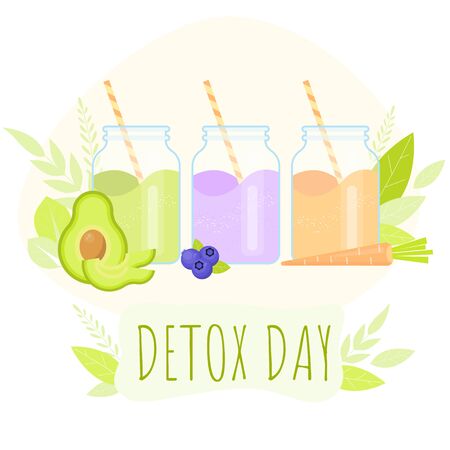 Detox day with vegetables smoothie. Jars with healthy diet juices. Vector cartoon conceptのイラスト素材