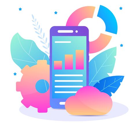 Vector concept of mobile analytics. Statistic report in your smartphone. Vector flat icon for presentotion and siteのイラスト素材