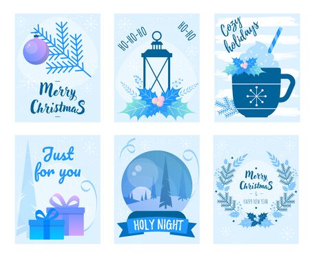 Merry Christmas cards, New Year tree and snowflakes frame. Holidays greeting cards with New Year tree, gift box, branch with ball. Winter Mug.のイラスト素材