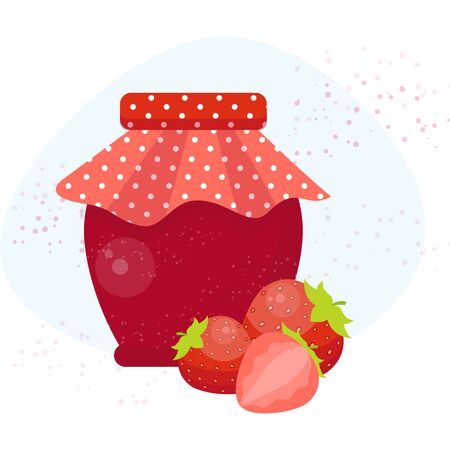 Glass jar of strawberry jam and fresh berries near. Delicious organic food. Vector flat illustration.のイラスト素材