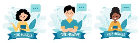 Your manager. Consultant avatar. Cute portrait with bubbles. Woman and man. Vector flat illustrationのイラスト素材